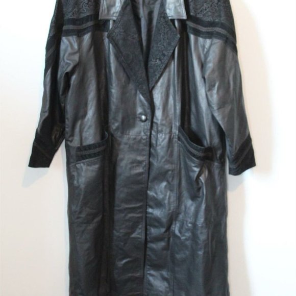 Vintage Venezia Lane Bryant Long Leather Embroidered Coat Black Plus 3X H12284 - Picture 7 of 8